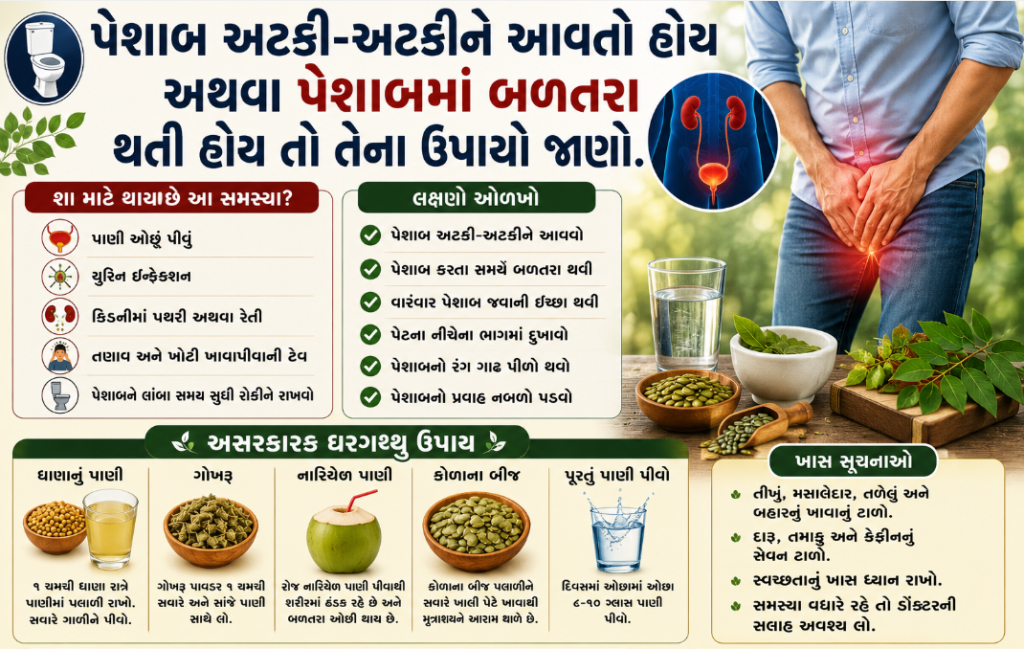 પેશાબ અટકી-અટકીને આવતો હોય અથવા પેશાબમાં બળતરા થતી હોય તો તેના ઉપાયો જાણો.